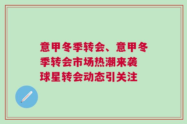 意甲冬季轉會、意甲冬季轉會市場熱潮來襲 球星轉會動態引關注