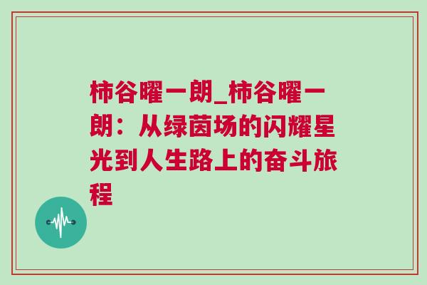 柿谷曜一朗_柿谷曜一朗：從綠茵場(chǎng)的閃耀星光到人生路上的奮斗旅程