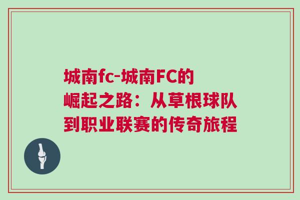 城南fc-城南FC的崛起之路：從草根球隊到職業聯賽的傳奇旅程